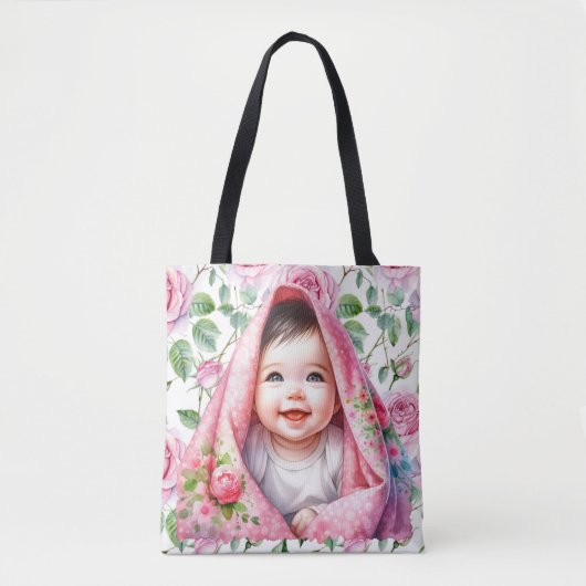 Schattigee Rozen en Glimlachende Baby Girl Baby Tote Bag (Voorkant)