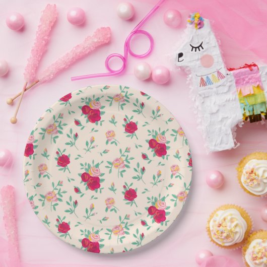 Schattigee Rozen Meisje Verjaardagsfeestje Uitnodi Papieren Bordje (Feest)