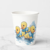 Schattigee rubberen eend in blauwe kleding papieren bekers (Achterkant)