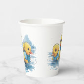 Schattigee rubberen eend in blauwe kleding papieren bekers (Links)