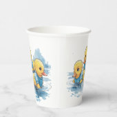 Schattigee rubberen eend in blauwe kleding papieren bekers (Rechts)