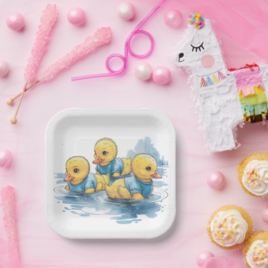 Schattigee rubberen eend in blauwe kleding papieren bordje (Feest)