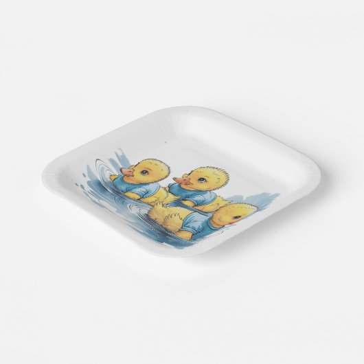 Schattigee rubberen eend in blauwe kleding papieren bordje (Gebogen)