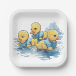 Schattigee rubberen eend in blauwe kleding papieren bordje