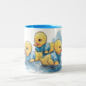 Schattigee rubberen eend in blauwe kleding tweekleurige koffiemok (Center)