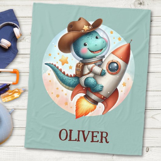 Schattigee ruimte Cowboy Dino Riding Space Rocket Fleece Deken
