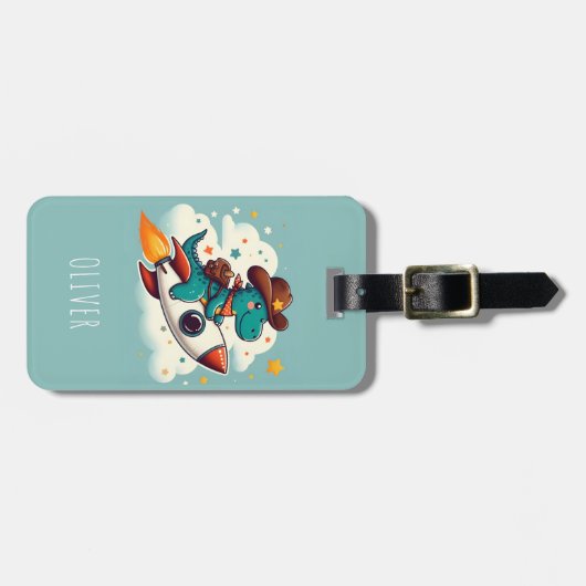 Schattigee ruimte Cowboy Dinosaurus Riding Rocket Bagagelabel (Voorkant horizontaal)