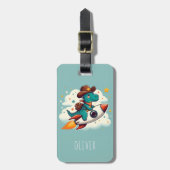 Schattigee ruimte Cowboy Dinosaurus Riding Rocket Bagagelabel (Voorkant verticaal)