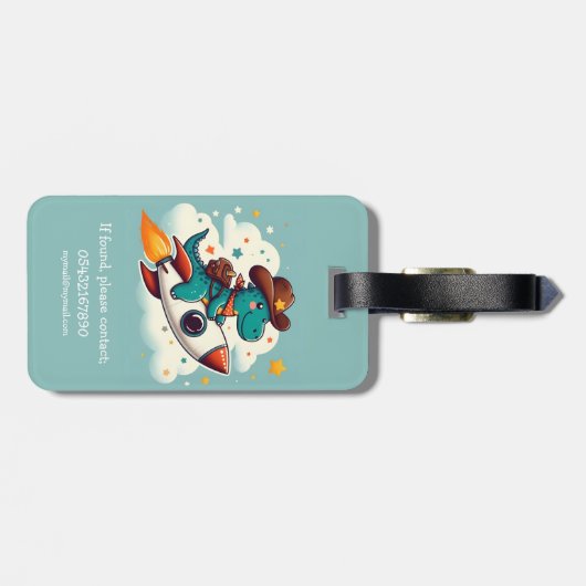 Schattigee ruimte Cowboy Dinosaurus Riding Rocket Bagagelabel (Achterkant horizontaal)