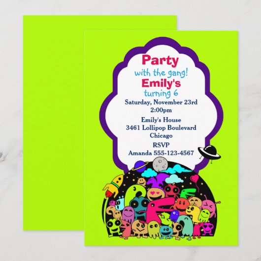 Schattigee ruimtewezens verjaardagsfeestje uitnodi kaart (Voorkant / Achterkant)