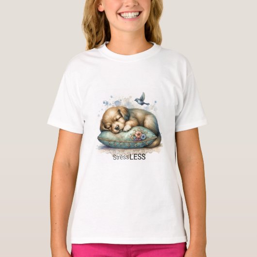 Schattigee rustgevende puppy stress minder t-shirt (Voorkant)