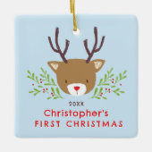 Schattigee rustieke rendierbaby's eerste kerst keramisch ornament (Voorkant)