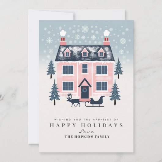 Schattigee Rustieke Roze Pastel House Kerst Kaart (Voorkant)