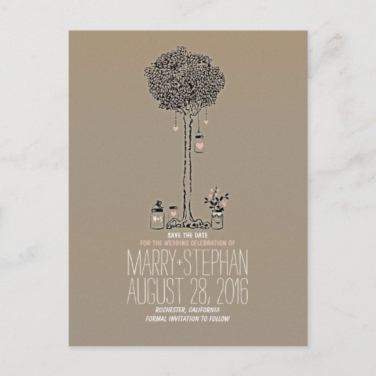 Schattigee rustieke Tree & Hearts Mason Jars Save  Aankondigingskaart (Voorkant)