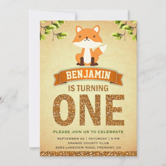 Schattigee rustieke Woodland Fox eerste verjaardag Kaart (Voorkant)
