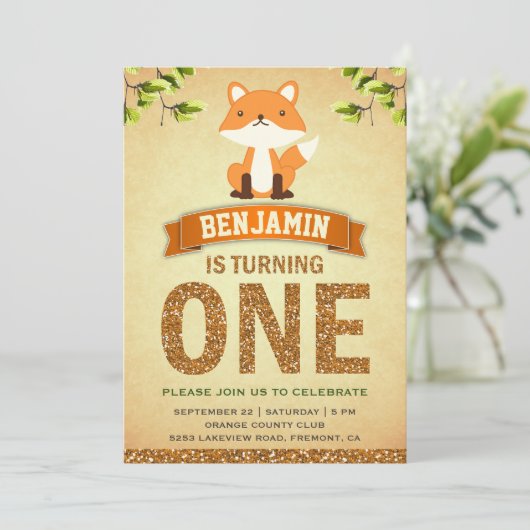 Schattigee rustieke Woodland Fox eerste verjaardag Kaart (Staand voorkant)