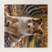 Schattigee Sable Rough Collie Puppy in Herfstblade Legpuzzel (Horizontaal)
