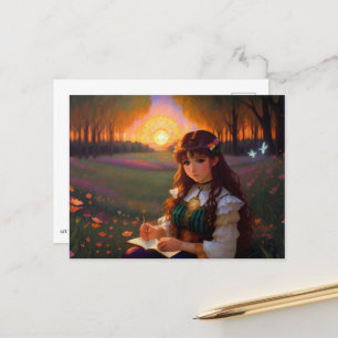 Schattigee Sad Anime Style Vrouw in Meadow bij zon Briefkaart