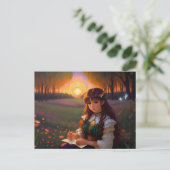 Schattigee Sad Anime Style Vrouw in Meadow bij zon Briefkaart (Staand voorkant)