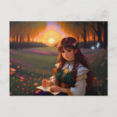 Schattigee Sad Anime Style Vrouw in Meadow bij zon Briefkaart (Voorkant)