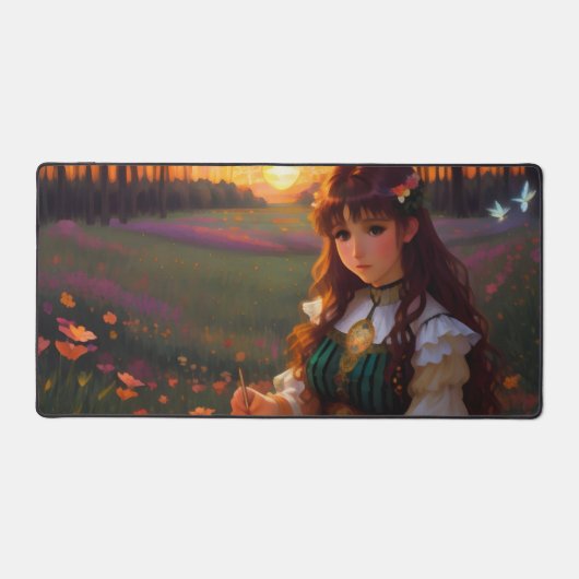 Schattigee Sad Anime Style Vrouw in Meadow bij zon Bureaumat (Voorkant)