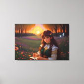 Schattigee Sad Anime Style Vrouw in Meadow bij zon Canvas Afdruk (Voorkant)