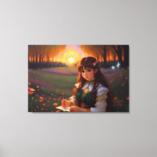 Schattigee Sad Anime Style Vrouw in Meadow bij zon Canvas Afdruk (Voorkant)