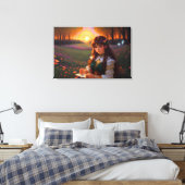 Schattigee Sad Anime Style Vrouw in Meadow bij zon Canvas Afdruk (Insitu (Slaapkamer))