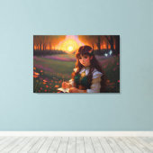 Schattigee Sad Anime Style Vrouw in Meadow bij zon Canvas Afdruk (Insitu (Houten vloer))