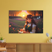 Schattigee Sad Anime Style Vrouw in Meadow bij zon Canvas Afdruk (Insitu (Woonkamer))