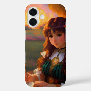Schattigee Sad Anime Style Vrouw in Meadow bij zon iPhone 16 Hoesje