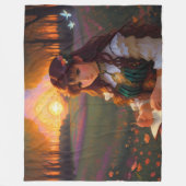Schattigee Sad Anime Style Vrouw in Meadow bij zon Fleece Deken (Voorkant)