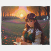 Schattigee Sad Anime Style Vrouw in Meadow bij zon Fleece Deken (Voorkant (Horizontaal))