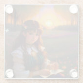 Schattigee Sad Anime Style Vrouw in Meadow bij zon Glazen Onderzetter (Achterkant)