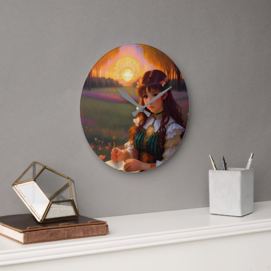 Schattigee Sad Anime Style Vrouw in Meadow bij zon Grote Klok (Kantoor)