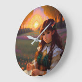Schattigee Sad Anime Style Vrouw in Meadow bij zon Grote Klok (Hoek)
