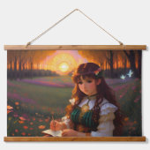 Schattigee Sad Anime Style Vrouw in Meadow bij zon Hangend Wandkleed (Voorkant)