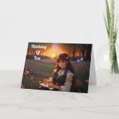 Schattigee Sad Anime Style Vrouw in Meadow bij zon Kaart (Voorkant)