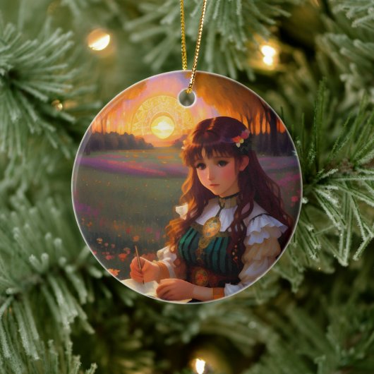 Schattigee Sad Anime Style Vrouw in Meadow bij zon Keramisch Ornament (Boom)