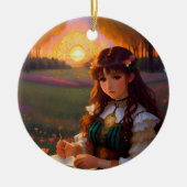 Schattigee Sad Anime Style Vrouw in Meadow bij zon Keramisch Ornament (Voorkant)