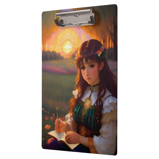 Schattigee Sad Anime Style Vrouw in Meadow bij zon Klembord (Links)
