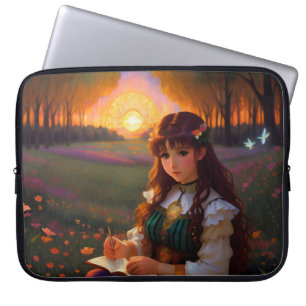 Schattigee Sad Anime Style Vrouw in Meadow bij zon Laptop Sleeve