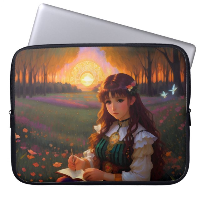 Schattigee Sad Anime Style Vrouw in Meadow bij zon Laptop Sleeve (Voorkant)