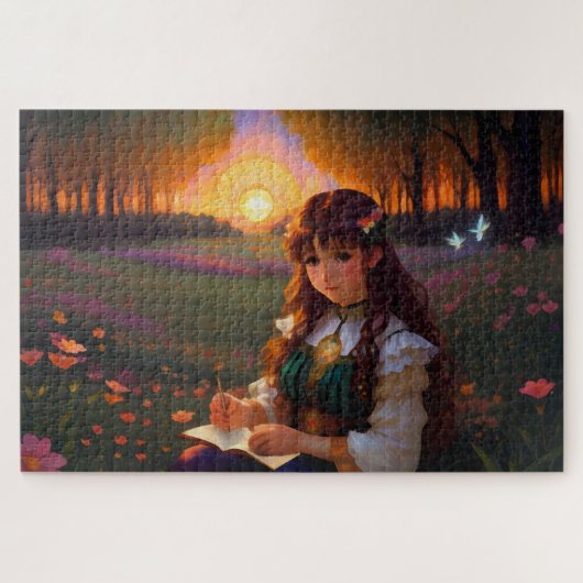 Schattigee Sad Anime Style Vrouw in Meadow bij zon Legpuzzel (Horizontaal)