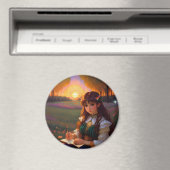 Schattigee Sad Anime Style Vrouw in Meadow bij zon Magneet (Insitu (Vaatwasser))