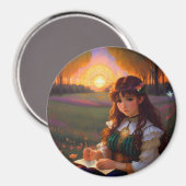 Schattigee Sad Anime Style Vrouw in Meadow bij zon Magneet (Voorkant / Achterkant)