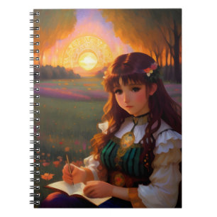 Schattigee Sad Anime Style Vrouw in Meadow bij zon Notitieboek