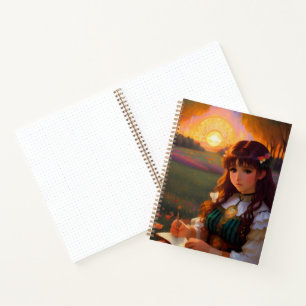 Schattigee Sad Anime Style Vrouw in Meadow bij zon Notitieboek