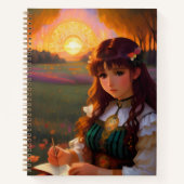 Schattigee Sad Anime Style Vrouw in Meadow bij zon Notitieboek (Voorkant)