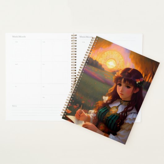 Schattigee Sad Anime Style Vrouw in Meadow bij zon Planner (Display)